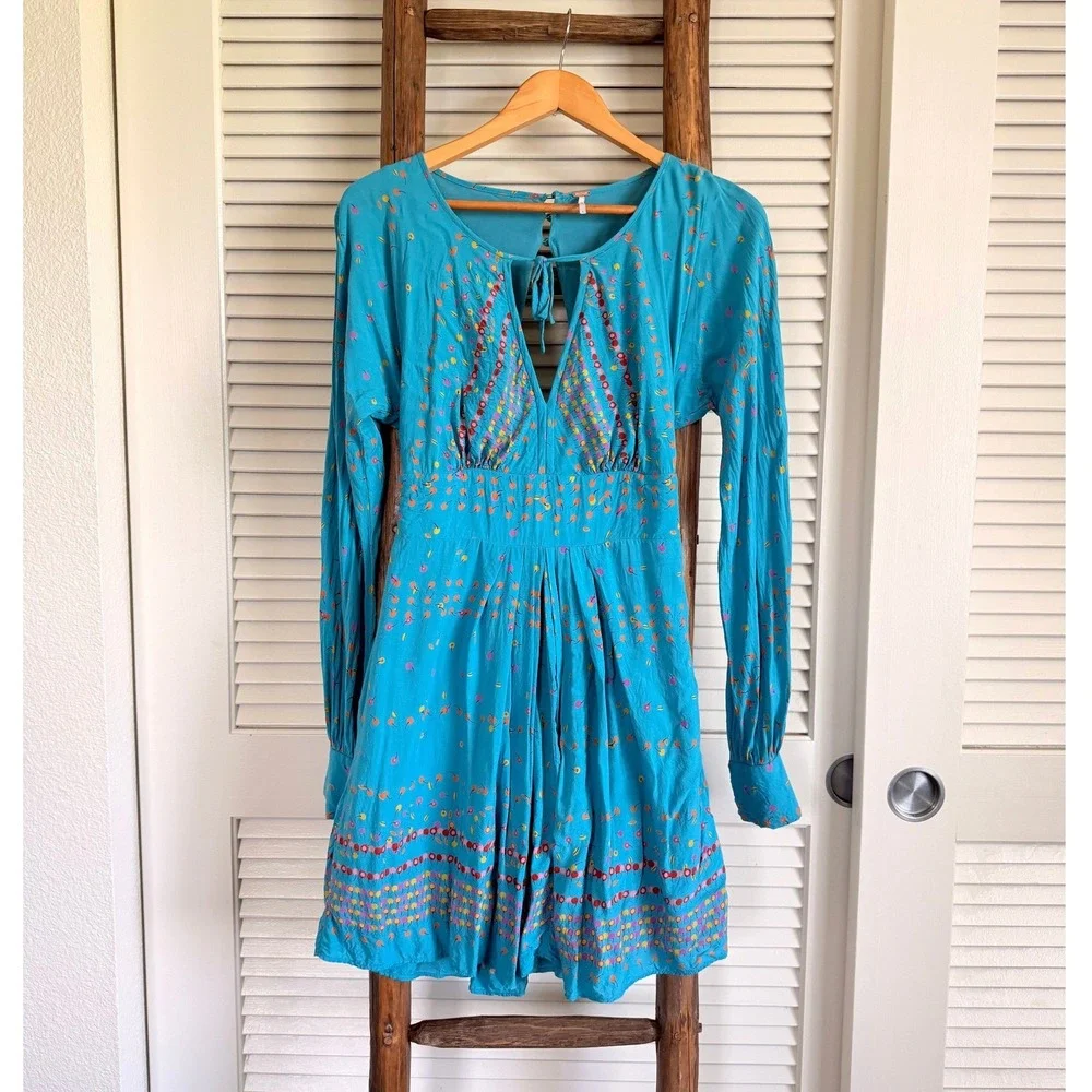 Free People Cherry Print Open Back Mini Dress 4 Turquoise Blue